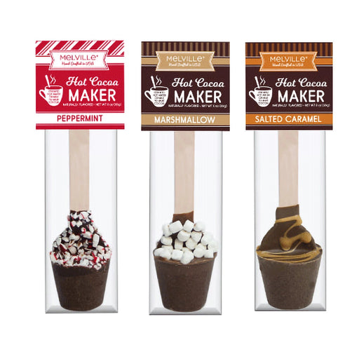 Melville Candy Hot Chocolatey Spoons in Peppermint, Marshmallow, and Salted Caramel flavors, each with chocolate blocks and mix-ins on wooden stir sticks.