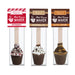 Melville Candy Hot Chocolatey Spoons in Peppermint, Marshmallow, and Salted Caramel flavors, each with chocolate blocks and mix-ins on wooden stir sticks.