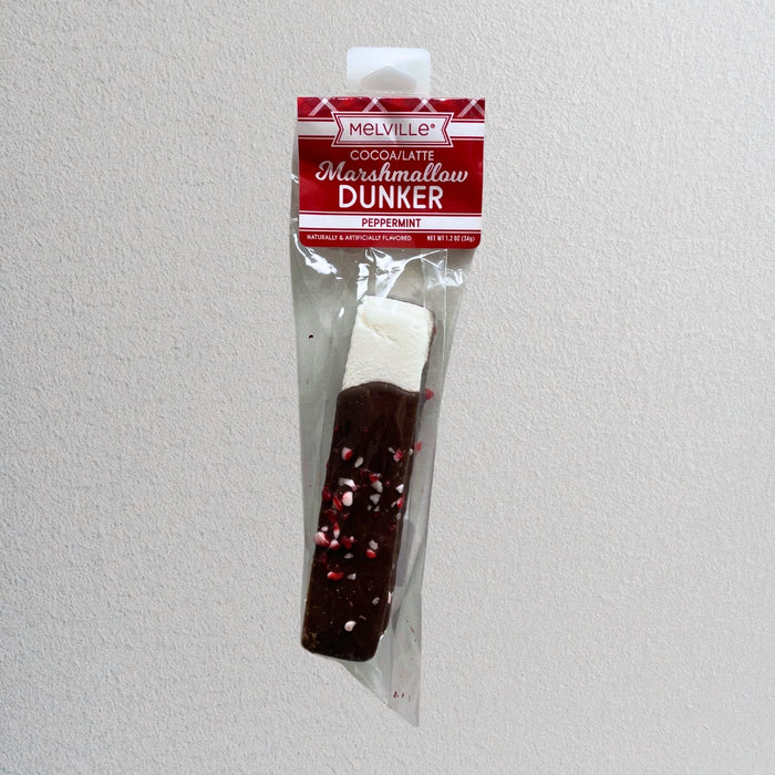 Melville Candy Peppermint Marshmallow Dunkers dipped in white and dark chocolate with crushed peppermint, packaged for hot cocoa and lattes.”