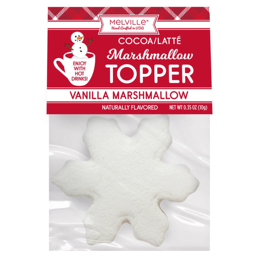 Melville Candy Snowflake Marshmallow Topper in vanilla flavor, packaged for use in hot cocoa or lattes.