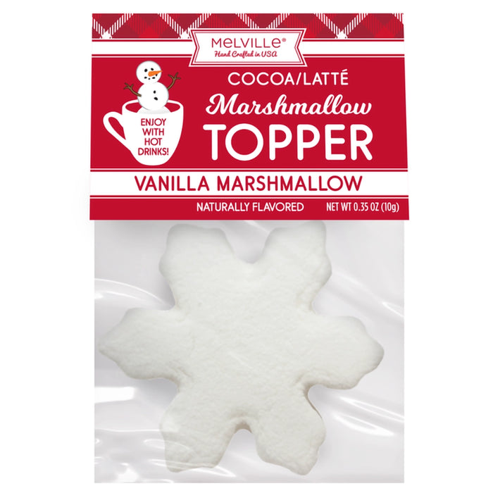 Melville Candy Snowflake Marshmallow Topper in vanilla flavor, packaged for use in hot cocoa or lattes.