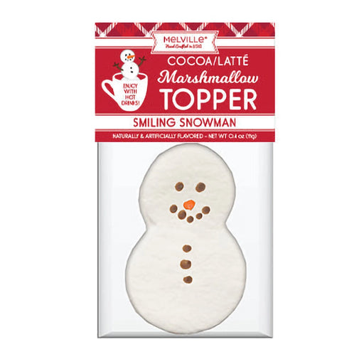 Melville Candy Snowman Marshmallow Topper with smiling face, packaged for use in hot cocoa or lattes.