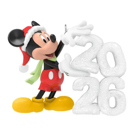 Hallmark 2026 Disney Mickey Mouse ornament featuring red Santa hat green scarf and sparkling white 2026 snow numbers