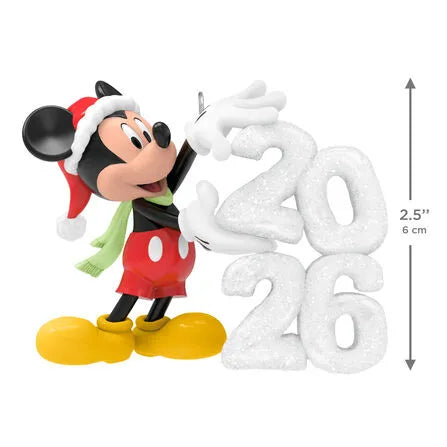 Hallmark 2026 Disney Mickey Mouse ornament with Santa hat green scarf holding glitter 2026 snow sculpture