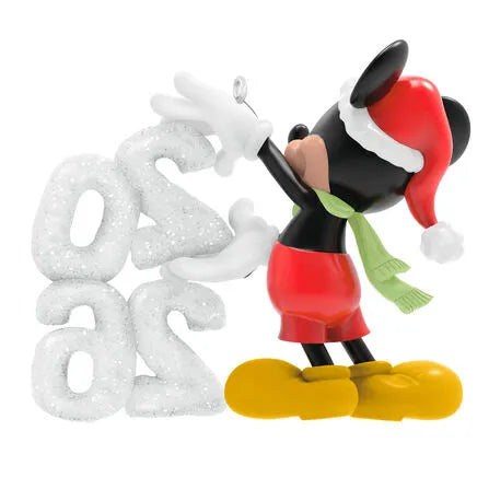Side profile view of 2026 Mickey Mouse Hallmark ornament showing red shorts yellow shoes and glitter 2026 numerals