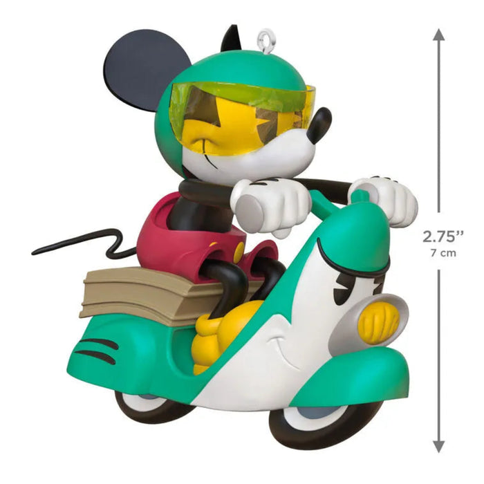 Animated character on a scooter with dimensions indicated