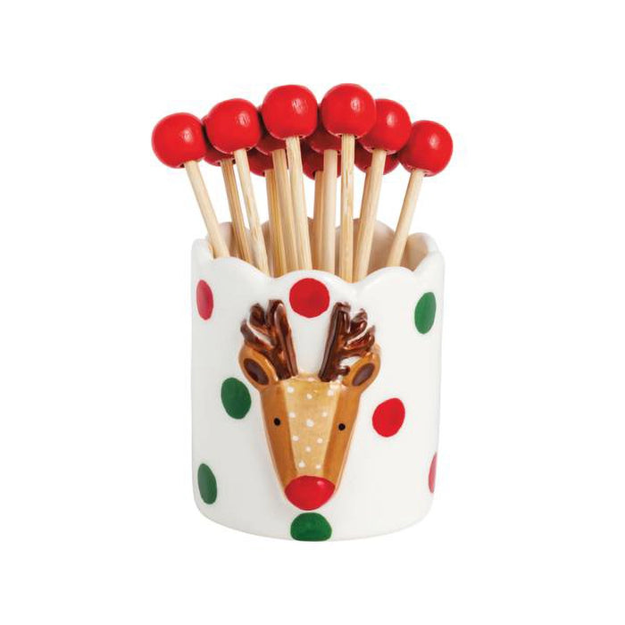 Mud Pie Reindeer Toothpick Holder with festive red and green polka dots and red-tipped toothpicks.