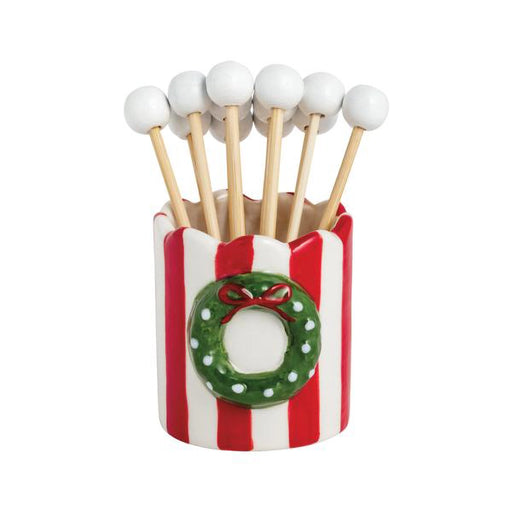 Mud Pie Wreath Toothpick Holder featuring red and white stripes, green wreath with bow, and white-tipped wooden toothpicks.