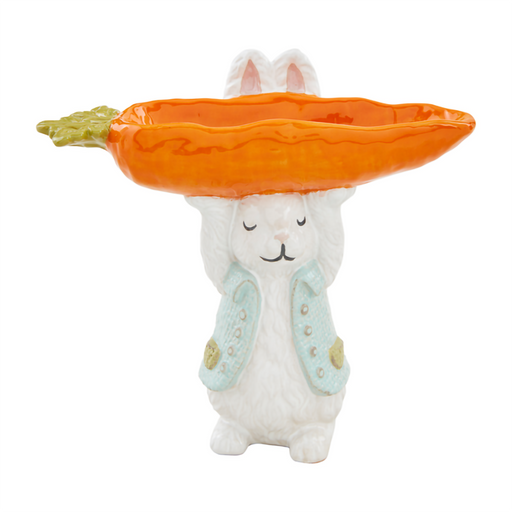 Mud Pie Bunny Carrot Candy Pedestal featuring a white ceramic bunny in blue vest holding orange carrot-shaped dish.