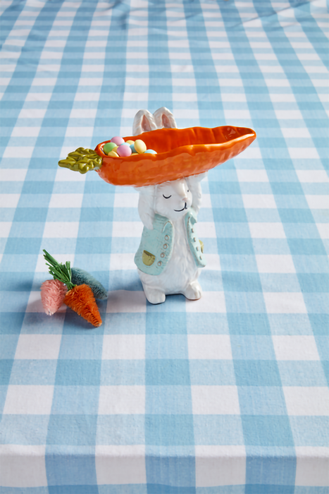 Mud Pie Bunny Carrot Candy Pedestal featuring a white ceramic bunny in blue vest holding orange carrot-shaped dish.