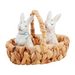 Mud Pie Bunny Salt and Pepper Shaker Set featuring two white ceramic bunny shakers with pastel bows in a woven basket holder.