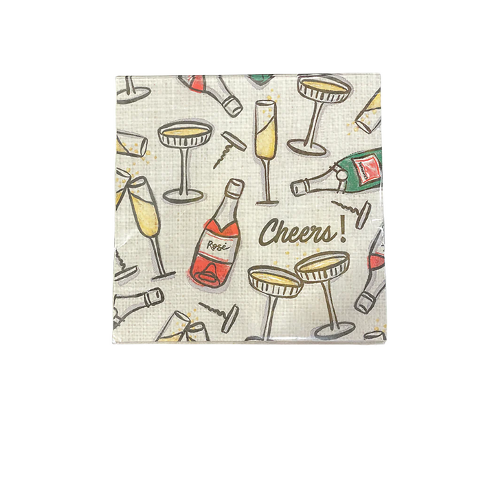 Mud Pie Champagne Napkins featuring illustrated champagne bottles, glasses, corks, and the phrase “Cheers!” on a neutral background.
