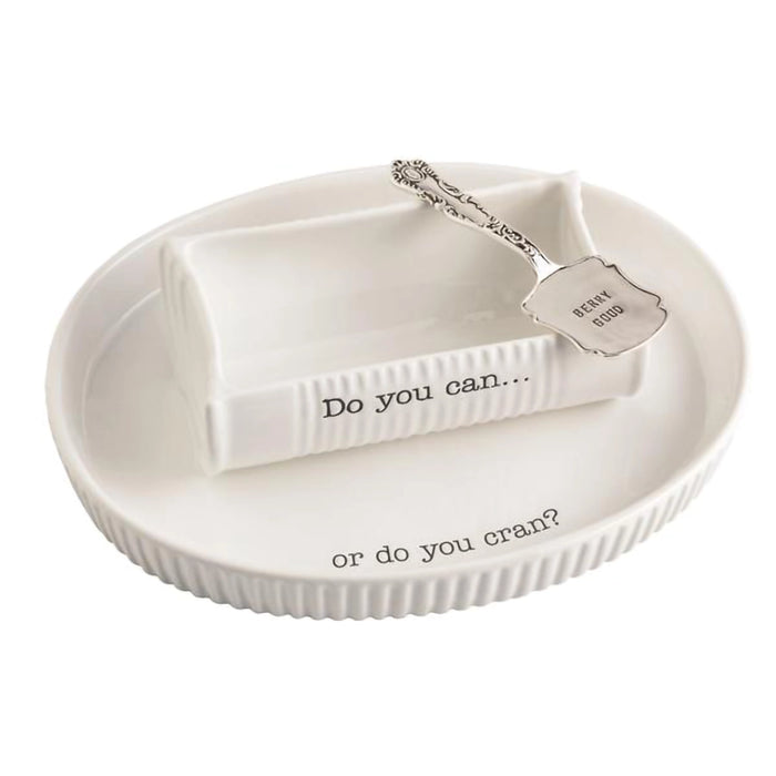 Mud Pie Double Cranberry Dish Set with “Do you can… or do you cran?” text and “Berry Good” spreader