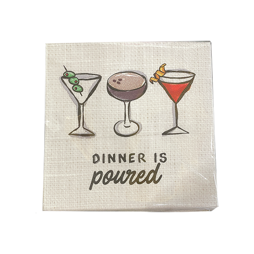Mud Pie Drink Printed Napkins featuring illustrated martini glasses and the phrase “Dinner is poured.”
