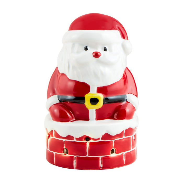 Mud Pie Light-Up Singing Santa Sitter — ceramic Santa figurine sitting on a red brick chimney with glowing lights.