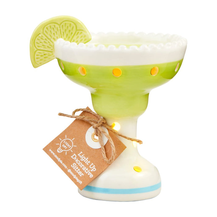Mud Pie Light-Up Margarita Sitter — ceramic margarita glass decoration with lime detail and glowing LED lights.