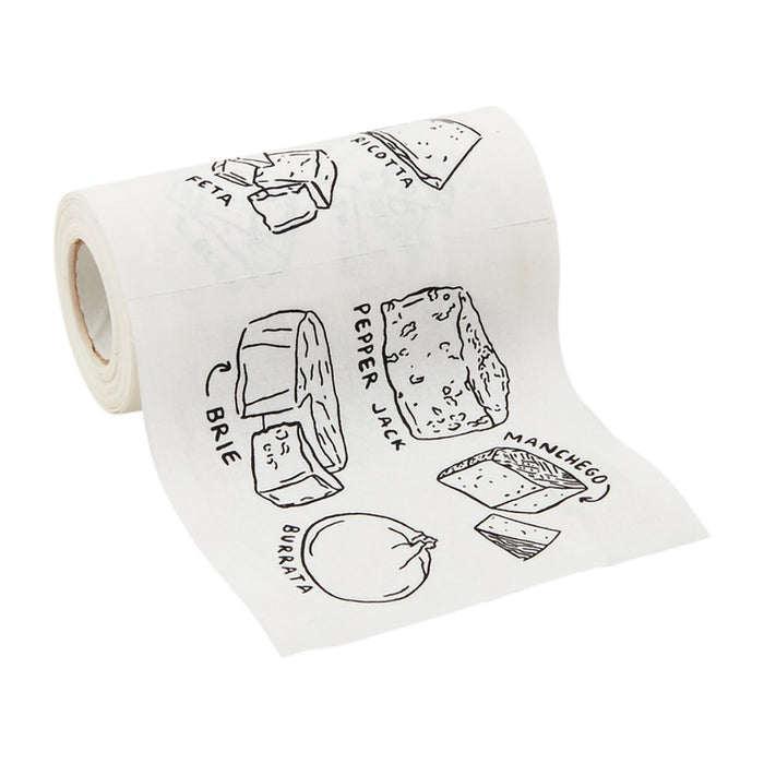 Close-up of cheese-themed napkin roll showing detailed drawings of various cheeses.