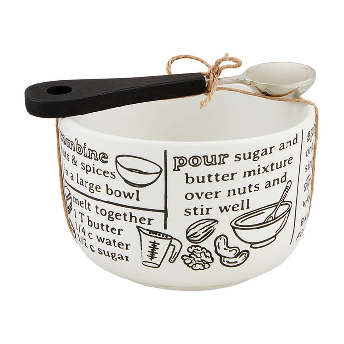 Mud Pie Nuts & Wine Recipe Bowl with printed recipe text and wooden spoon.