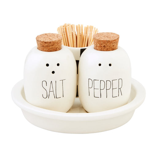 Mud Pie Salt and Pepper Set featuring white ceramic shakers with cork tops, black lettering, and a matching tray with a toothpick holder.