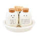 Mud Pie Salt and Pepper Set featuring white ceramic shakers with cork tops, black lettering, and a matching tray with a toothpick holder.