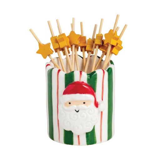 Mud Pie Santa Toothpick Holder featuring a smiling Santa face, green and red striped design, and star-topped wooden toothpicks.