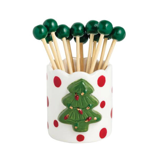 Mud Pie Bagged Tree Toothpick Holder with a green Christmas tree design, red polka dots, and green-tipped wooden toothpicks.