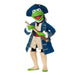 Green character in a blue coat with a hat holding a rifle on a white background