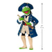 Green character in a blue coat with a size measurement on a white background