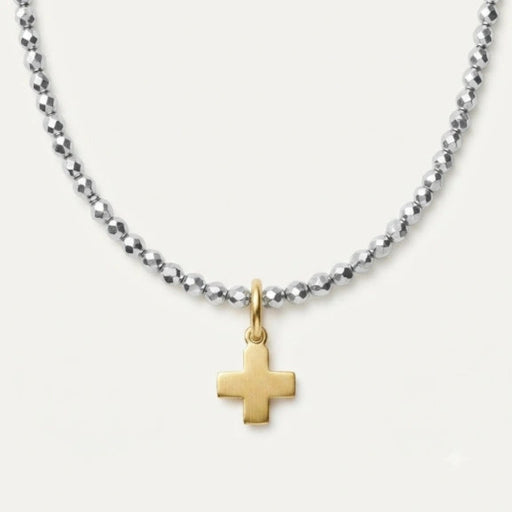 Enewton Design Signature Cross 15-inch choker necklace featuring bright silver faceted hematite 2mm beads and a gold cross charm.
