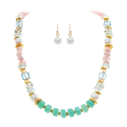 Rain Jewelry Gold Pink Green Mixed Media Beaded Necklace Set featuring layered gold, pink, and green beads with coordinating pieces, creating a vibrant statement look for everyday wear or special occasions.