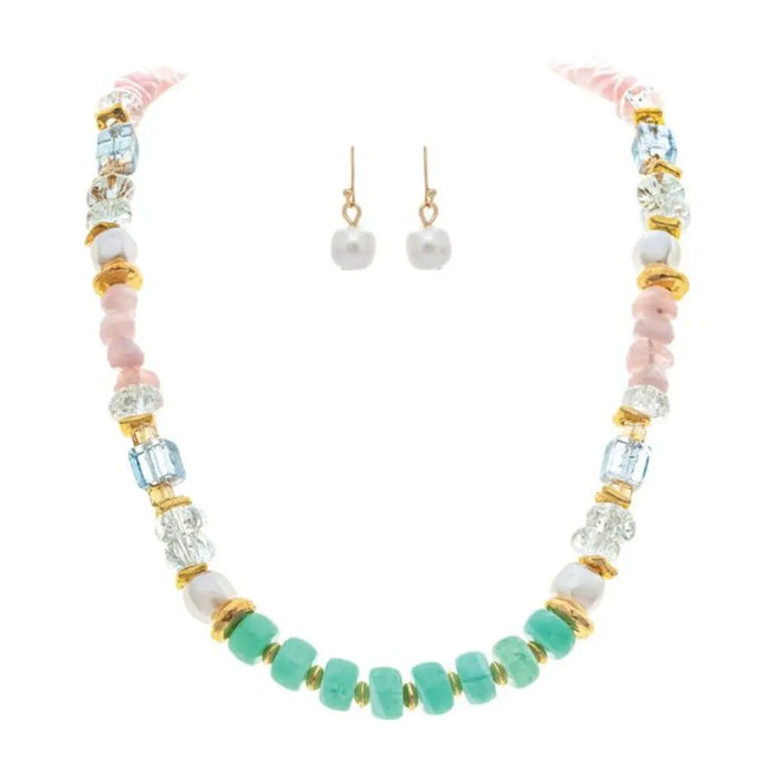 Rain Jewelry Gold Pink Green Mixed Media Beaded Necklace Set featuring layered gold, pink, and green beads with coordinating pieces, creating a vibrant statement look for everyday wear or special occasions.