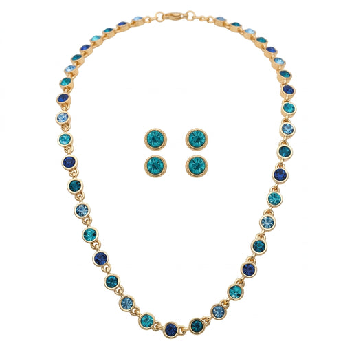 Rain Jewelry gold-tone necklace with round blue and teal crystals and matching teal stud earrings.