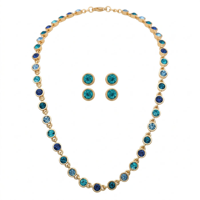 Rain Jewelry gold-tone necklace with round blue and teal crystals and matching teal stud earrings.