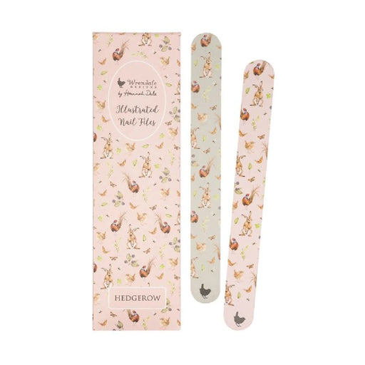 Two nail files featuring a pink and white patterned design, arranged side by side on a neutral background.