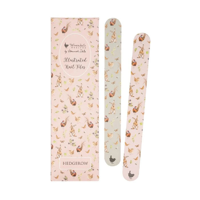 Two nail files featuring a pink and white patterned design, arranged side by side on a neutral background.