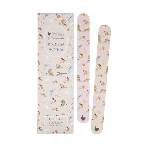 Two nail files featuring a decorative bird print on their surfaces, showcasing a colorful and artistic design.