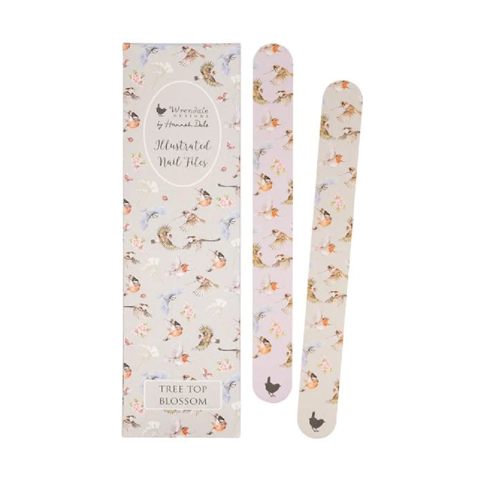 Two nail files featuring a decorative bird print on their surfaces, showcasing a colorful and artistic design.