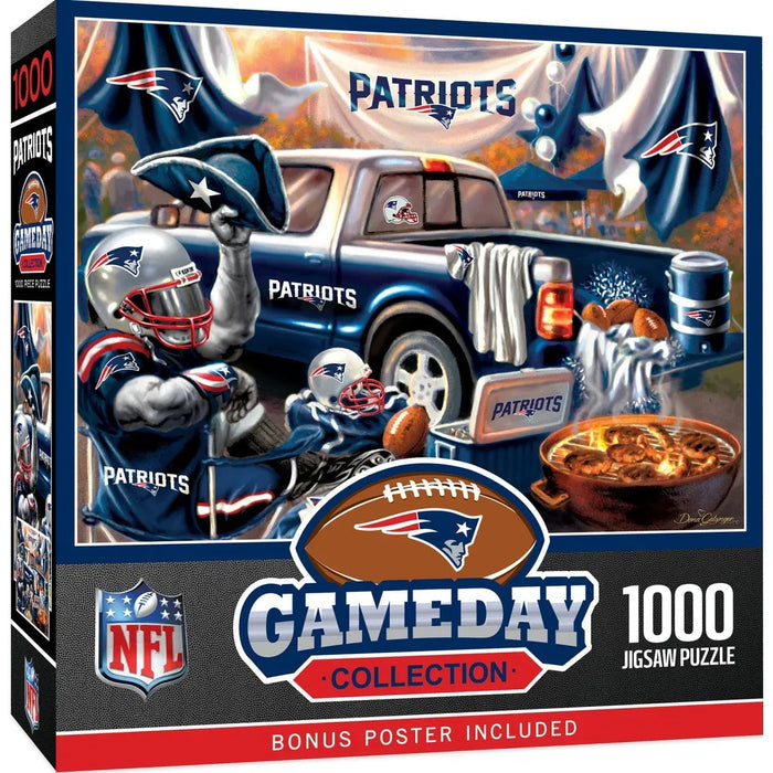 Front and side views of a 1000-piece Gameday Collection NFL jigsaw puzzle box featuring a festive Patriots-themed illustration with a blue truck, football, cooler, and fans.
