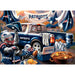 New England Patriots-themed tailgating scene with a truck, food, and fans.