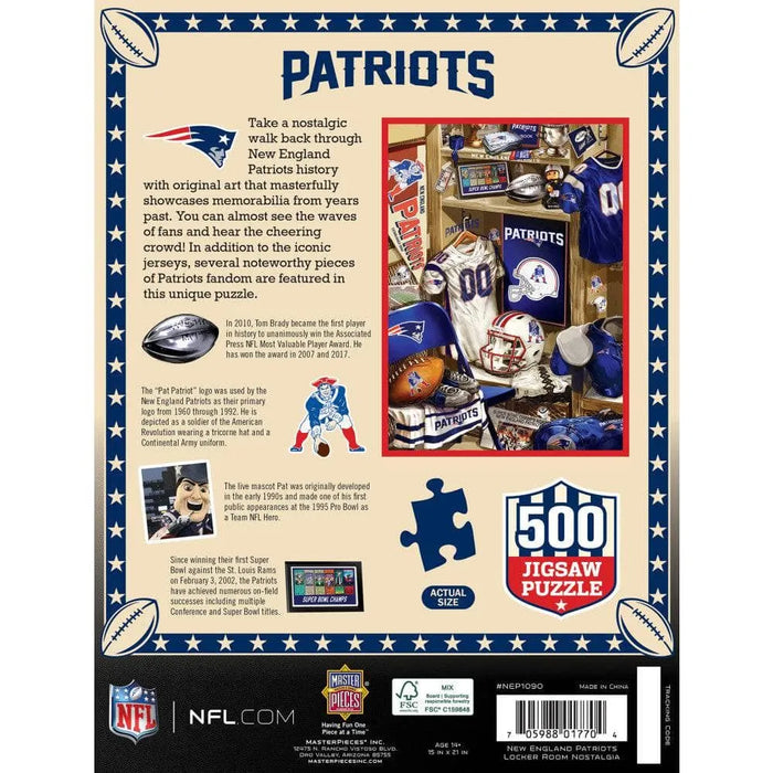 Patriots-themed 500-piece jigsaw puzzle packaging with NFL branding