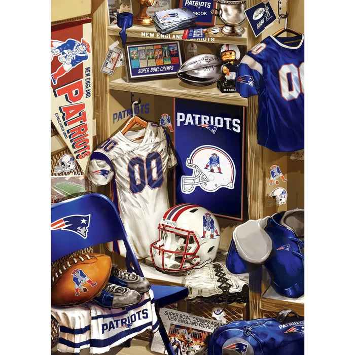 New England Patriots sports memorabilia including jerseys, helmets, and a chair in a room.