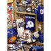 New England Patriots sports memorabilia including jerseys, helmets, and a chair in a room.