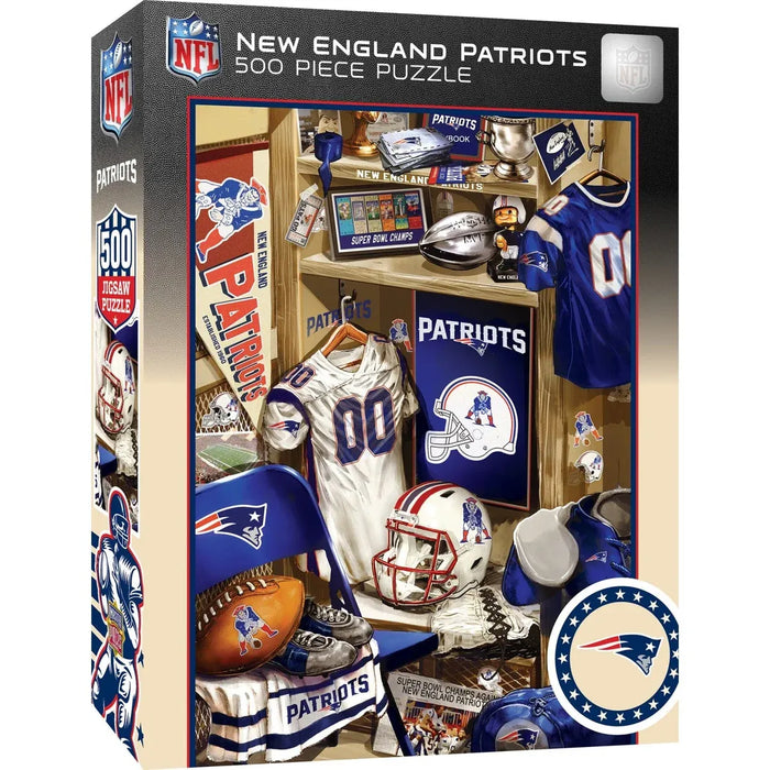NFL New England Patriots 500-piece jigsaw puzzle box showing a detailed locker room scene with jerseys, helmets, trophies, and team memorabilia. The box features NFL and New England Patriots branding and a circular team logo on the front.