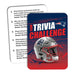 A rectangular trivia game card or booklet cover with the text 'Team Trivia Challenge' and a Patriots helmet graphic, shown alongside the back side featuring numbered trivia questions. The design is blue, red, white, and silver.