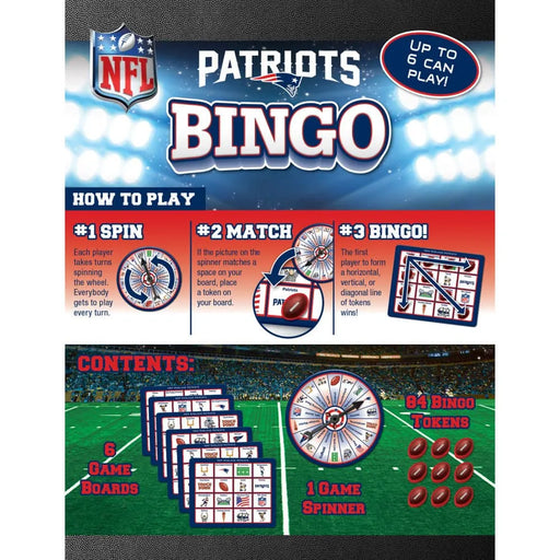 NFL Patriots Bingo game set with instructions and game components on a colorful background