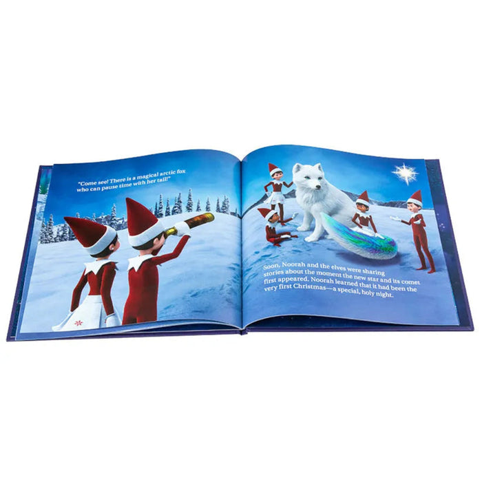Open book with Christmas-themed illustration of elves and a white dog in a snowy scene.