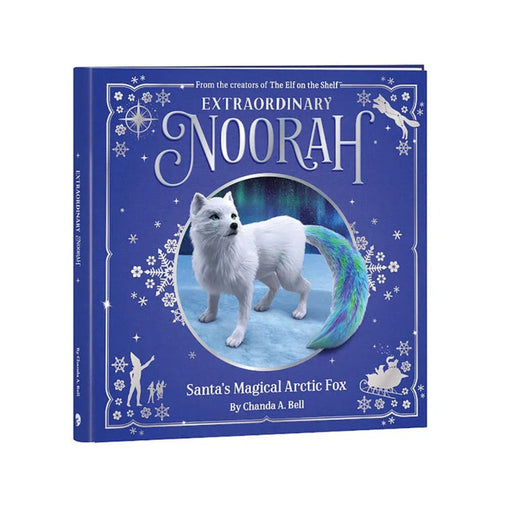 Book titled 'Extraordinary Noorah: Santa's Magical Arctic Fox' with a white fox illustration on a blue background.