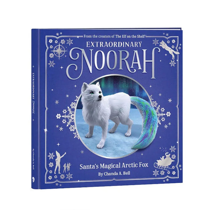 Book titled 'Extraordinary Noorah: Santa's Magical Arctic Fox' with a white fox illustration on a blue background.