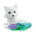 White plush toy artic fox with colorful tail on a white background
