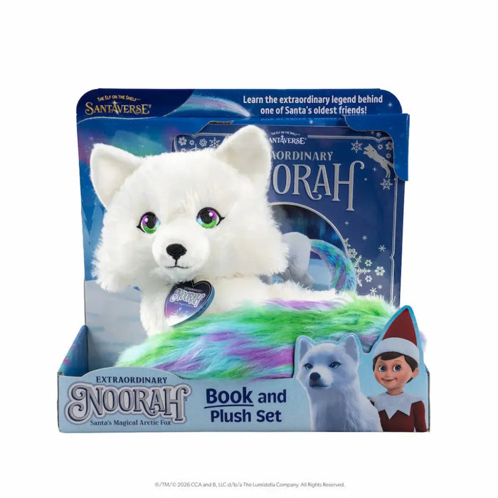 Elf on the Shelf Extraordinary Noorah Santa’s Magical Arctic Fox Book and Plush Set featuring an Arctic fox stuffed toy and coordinating holiday storybook.